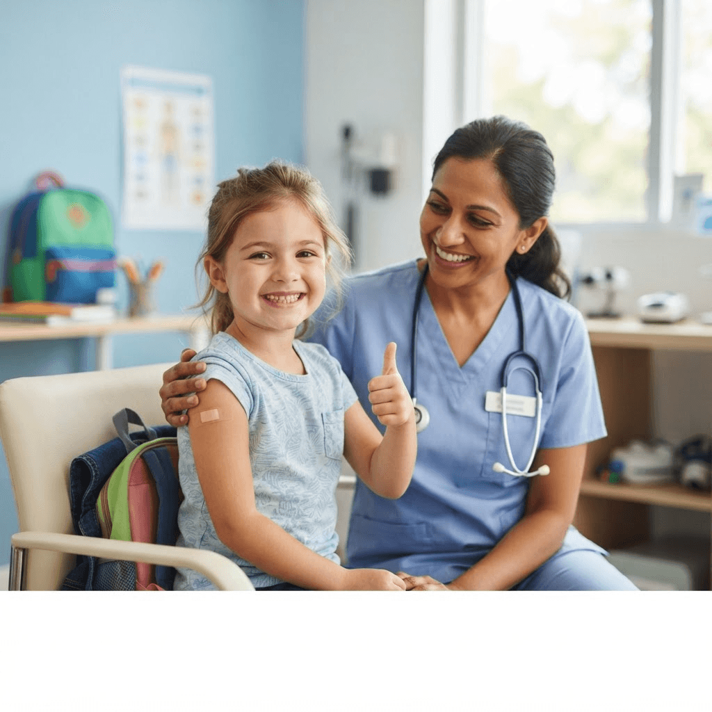A cheerful child with a bandage on the arm giving a thumbs up beside a smiling healthcare professional.