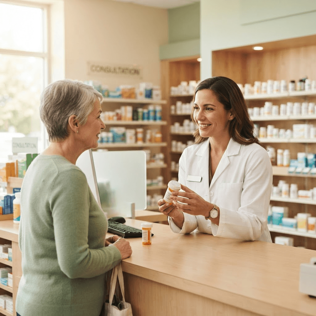 A pharmacist in a white coat counseling a patient across a pharmacy counter.